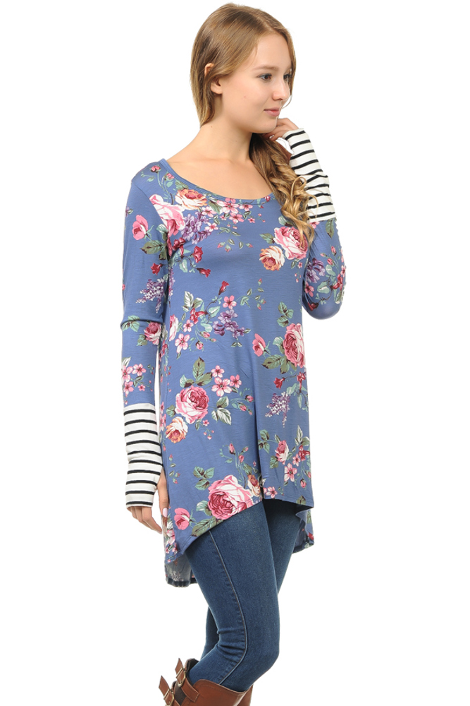 Hi-Low Floral Tunic with Thumb Hole