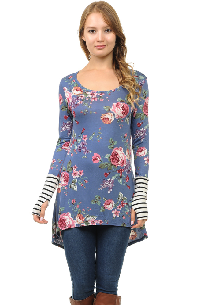 Hi-Low Floral Tunic with Thumb Hole