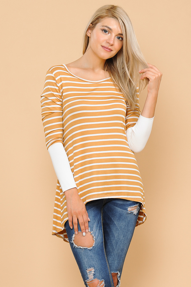 HI-LOW STRIPE TOP WITH COLOR BLOCK SLEEVE