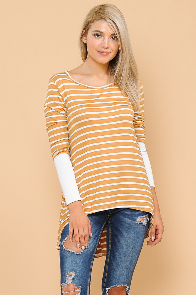 HI-LOW STRIPE TOP WITH COLOR BLOCK SLEEVE