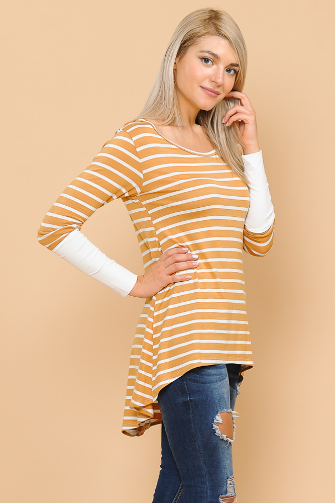 HI-LOW STRIPE TOP WITH COLOR BLOCK SLEEVE