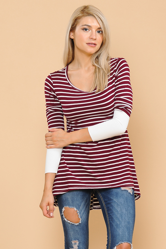 HI-LOW STRIPE TOP WITH COLOR BLOCK SLEEVE