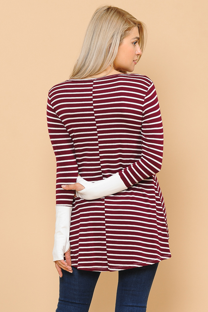 HI-LOW STRIPE TOP WITH COLOR BLOCK SLEEVE