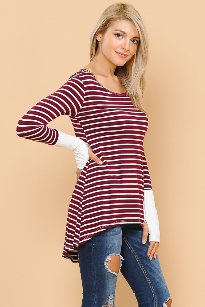 HI-LOW STRIPE TOP WITH COLOR BLOCK SLEEVE