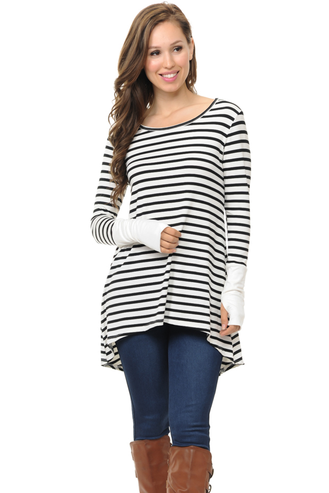 HI-LOW STRIPE TOP WITH COLOR BLOCK SLEEVE