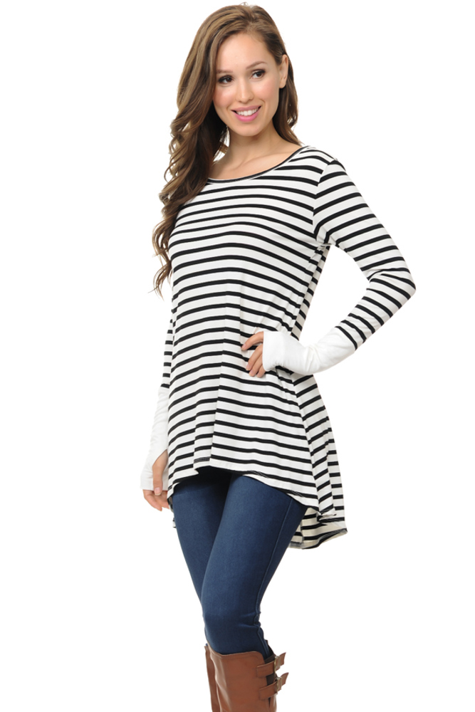 HI-LOW STRIPE TOP WITH COLOR BLOCK SLEEVE