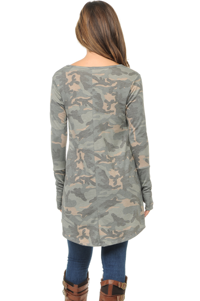 Camo Hi-Low Tunic with Color Block Sleeves