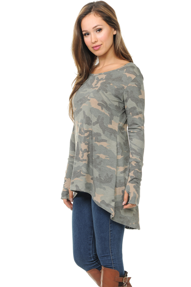 Camo Hi-Low Tunic with Color Block Sleeves