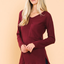 Small BURGUNDY BASIC KNIT V-NECK LONG SLEEVE TOP