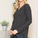 Large CHARCOAL BASIC KNIT V-NECK LONG SLEEVE TOP