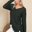 Large HUNTER GREEN BASIC KNIT V-NECK LONG SLEEVE TOP