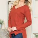 Large RUST BASIC KNIT V-NECK LONG SLEEVE TOP