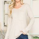 Medium SAND BASIC KNIT V-NECK LONG SLEEVE TOP