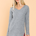 Small GREY BASIC KNIT V-NECK LONG SLEEVE TOP