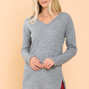 Large GREY BASIC KNIT V-NECK LONG SLEEVE TOP