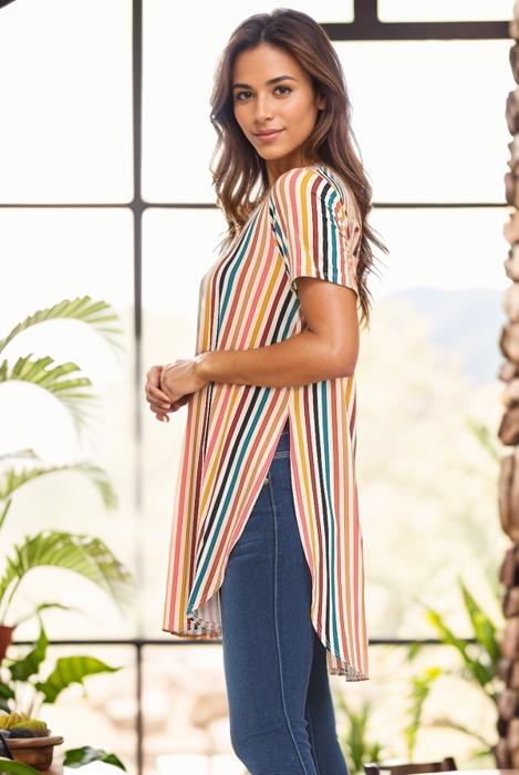 VERTICAL STRIPE SHORT SLEEVE TUNIC WITH SIDE SLIT