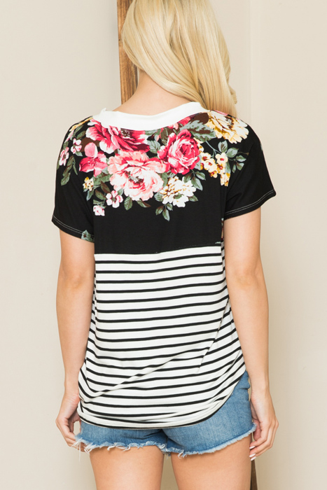 V-NECK STRIPE AND FLORAL COLOR BLOCK TUNIC TOP