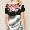 Small BLACK V-NECK STRIPE AND FLORAL COLOR BLOCK TUNIC TOP