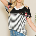 Medium BLACK V-NECK STRIPE AND FLORAL COLOR BLOCK TUNIC TOP