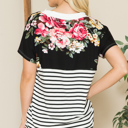 Medium BLACK V-NECK STRIPE AND FLORAL COLOR BLOCK TUNIC TOP