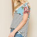 Small TURQUOISE V-NECK STRIPE AND FLORAL COLOR BLOCK TUNIC TOP
