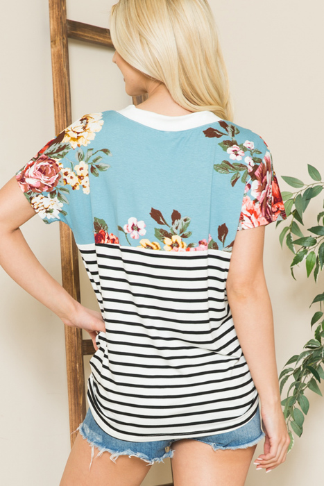 V-NECK STRIPE AND FLORAL COLOR BLOCK TUNIC TOP