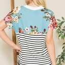 Medium TURQUOISE V-NECK STRIPE AND FLORAL COLOR BLOCK TUNIC TOP