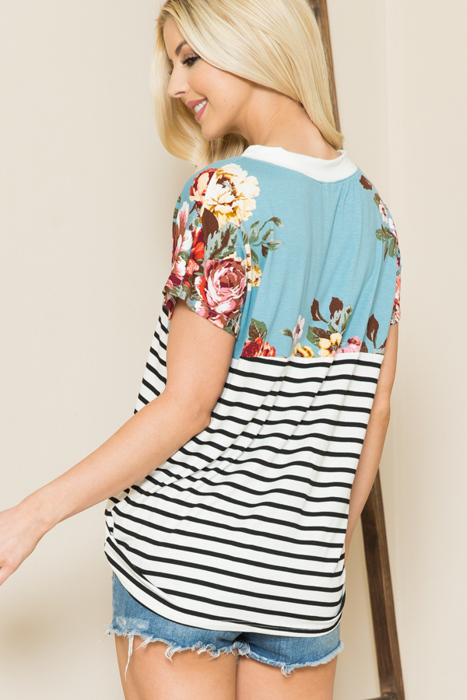 V-NECK STRIPE AND FLORAL COLOR BLOCK TUNIC TOP