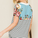 Large TURQUOISE V-NECK STRIPE AND FLORAL COLOR BLOCK TUNIC TOP
