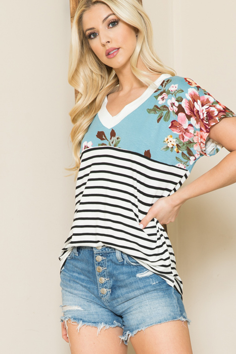 V-NECK STRIPE AND FLORAL COLOR BLOCK TUNIC TOP