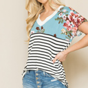 XL TURQUOISE V-NECK STRIPE AND FLORAL COLOR BLOCK TUNIC TOP