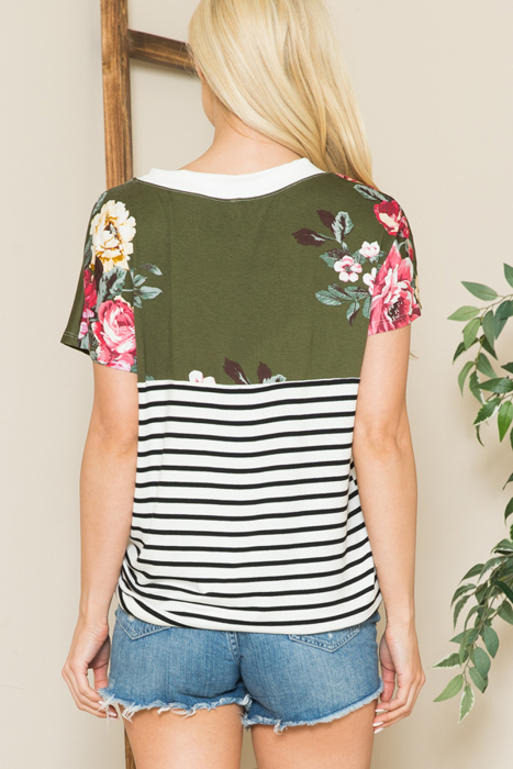 V-NECK STRIPE AND FLORAL COLOR BLOCK TUNIC TOP
