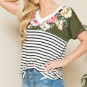Large OLIVE V-NECK STRIPE AND FLORAL COLOR BLOCK TUNIC TOP