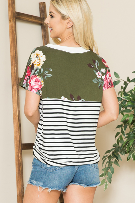 V-NECK STRIPE AND FLORAL COLOR BLOCK TUNIC TOP
