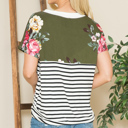 Large OLIVE V-NECK STRIPE AND FLORAL COLOR BLOCK TUNIC TOP