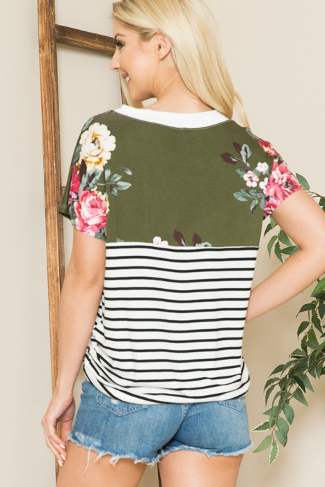 V-NECK STRIPE AND FLORAL COLOR BLOCK TUNIC TOP