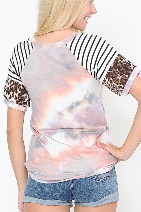 TIE DYE COLOR BLOCK SHORT SLEEVE TOP