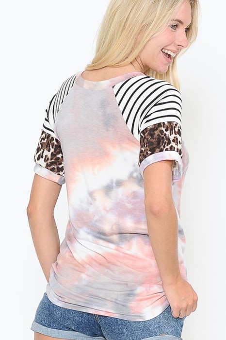 TIE DYE COLOR BLOCK SHORT SLEEVE TOP