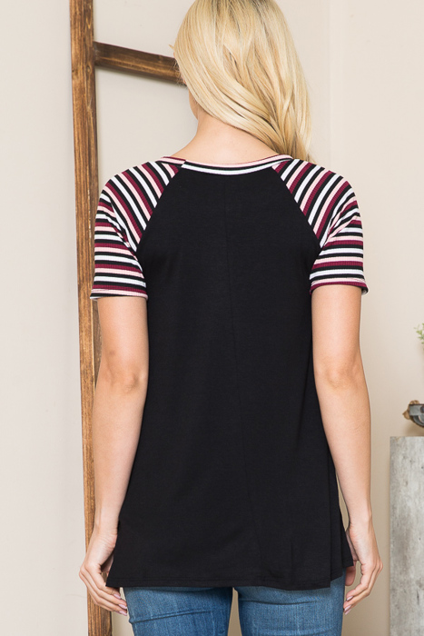 SOLID TUNIC TOP WITH COLORED STRIPE SLEEVES