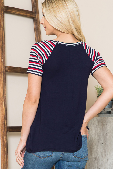 SOLID TUNIC TOP WITH COLORED STRIPE SLEEVES