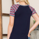 XL NAVY SOLID TUNIC TOP WITH COLORED STRIPE SLEEVES