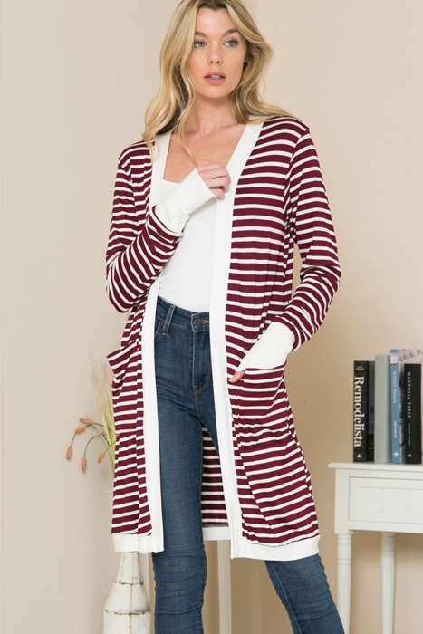 Lightweight Stripe Midi Open Cardigan 