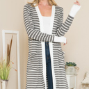 Large DUSTY OLIVE Lightweight Stripe Midi Open Cardigan 