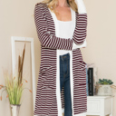 Large WINE Lightweight Stripe Midi Open Cardigan 