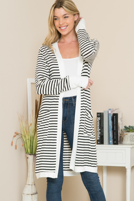 Lightweight Stripe Midi Open Cardigan 