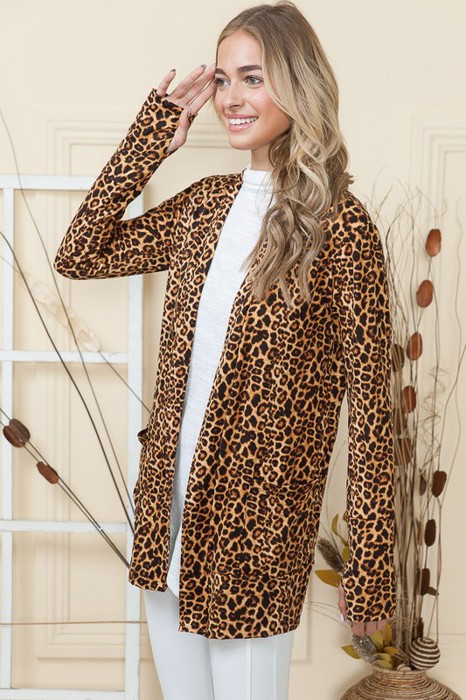 LEOPARD PRINT OPEN CARDIGAN WITH THUMB HOLE