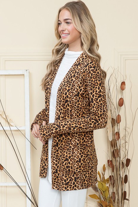 LEOPARD PRINT OPEN CARDIGAN WITH THUMB HOLE