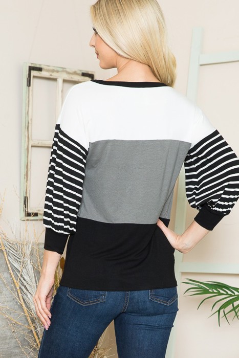 COLOR BLOCK TUNIC TOP WITH STRIPE 3/4 SLEEVES