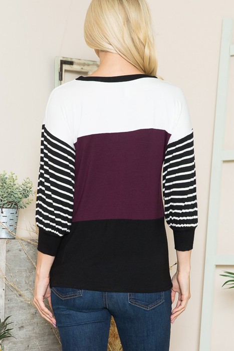 COLOR BLOCK TUNIC TOP WITH STRIPE 3/4 SLEEVES