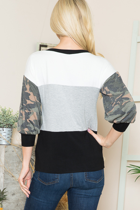 COLOR BLOCK TUNIC TOP WITH CAMO 3/4 SLEEVES